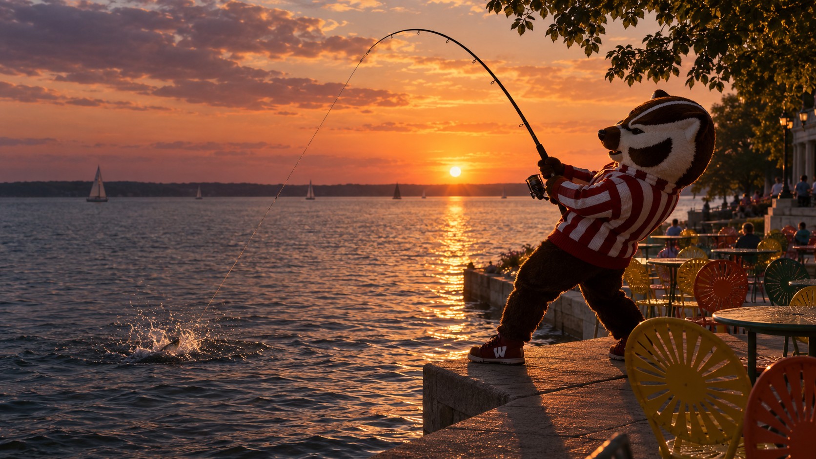 Bucky fishing at sunset beside the Union Terrace on Lake Mendota