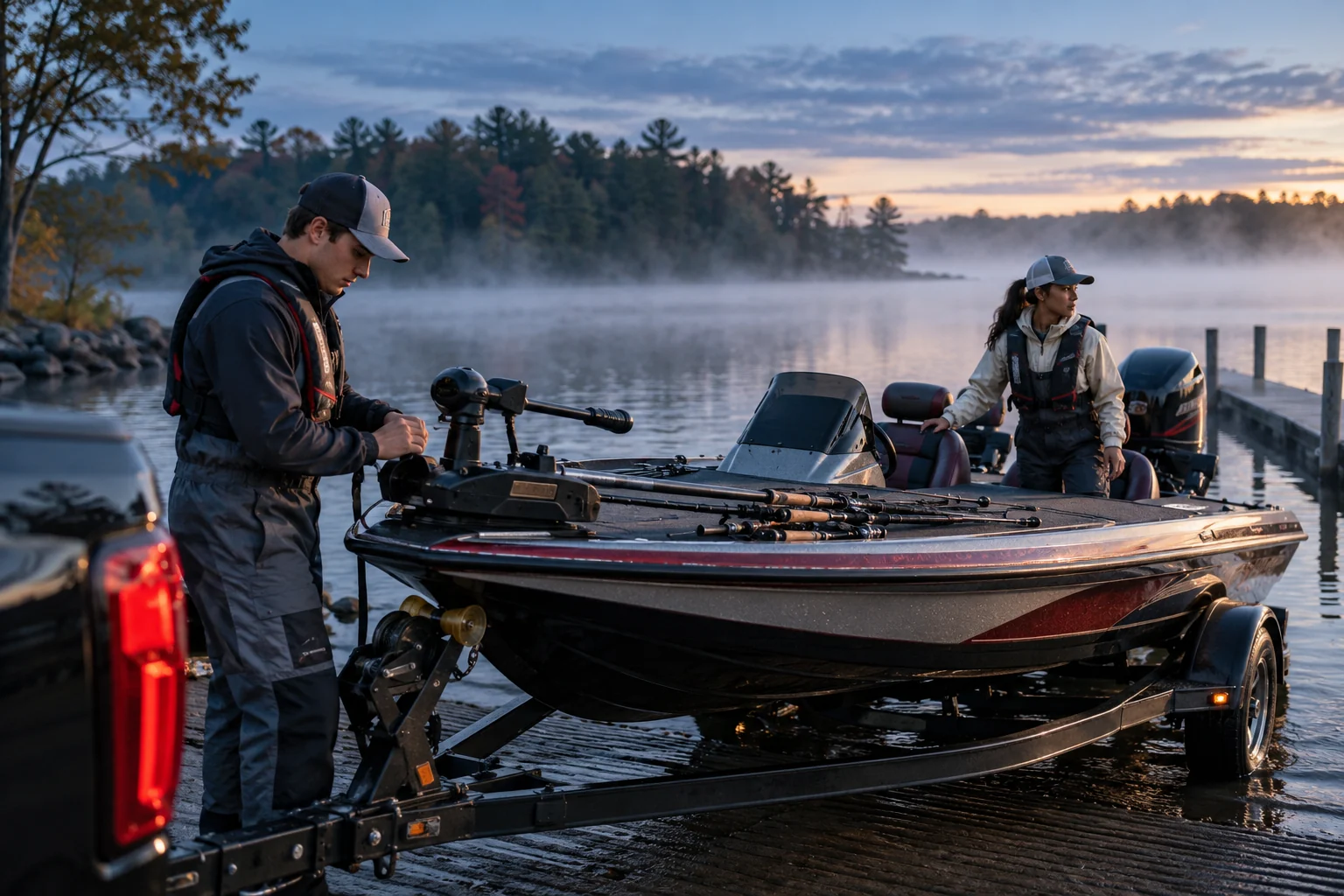Anglers preparing a boat for a morning on the water
