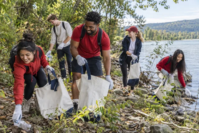 Volunteers cleaning up along a shoreline